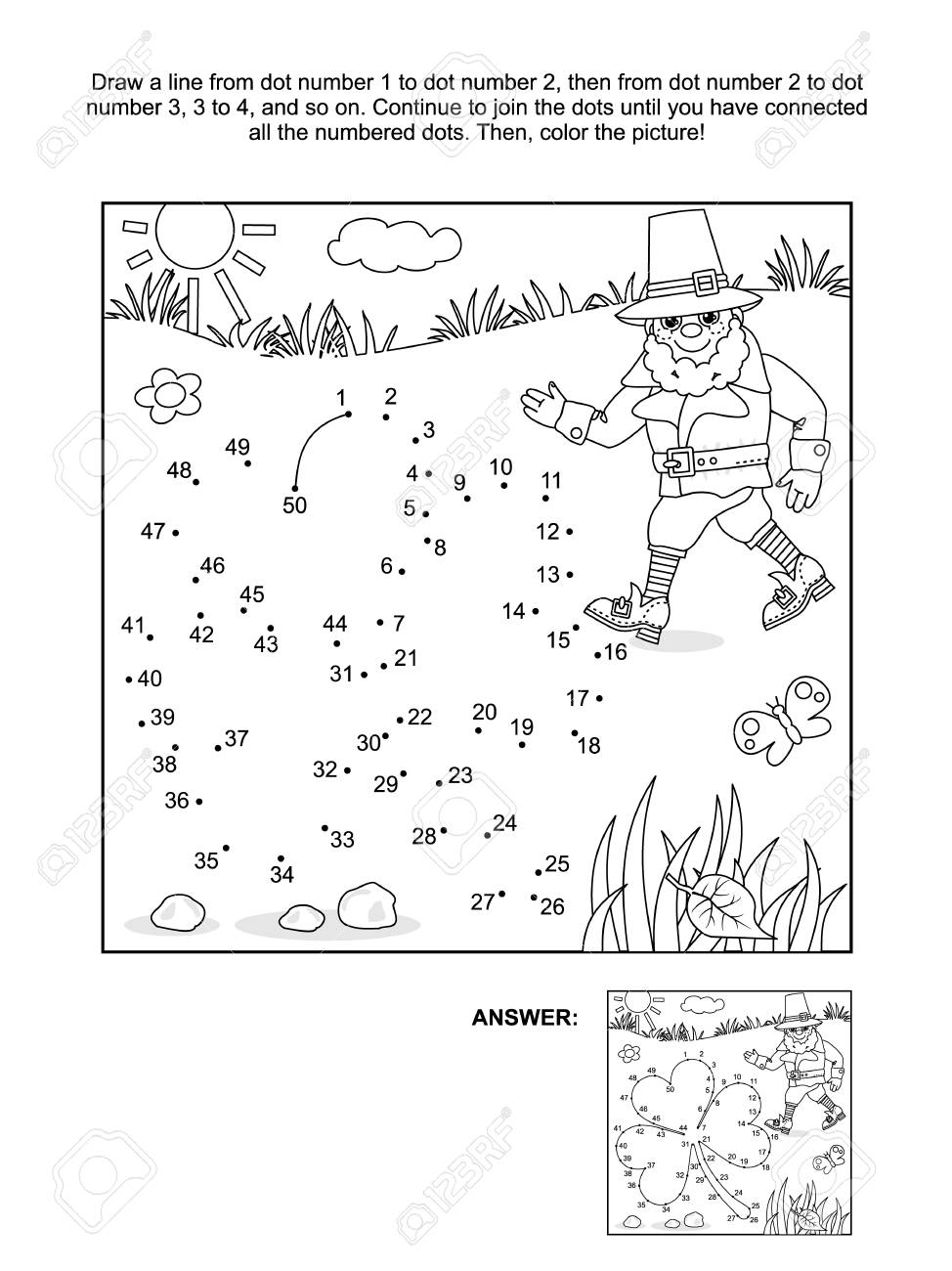 St patricks day themed connect the dots picture puzzle and coloring page with clover leaf and leprechaun answer included royalty free svg cliparts vectors and stock illustration image