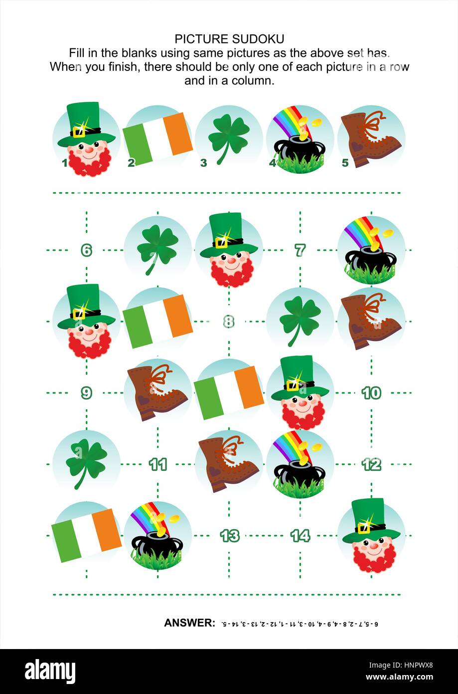 St patricks day themed picture sudoku puzzle x one block answer included stock vector image art