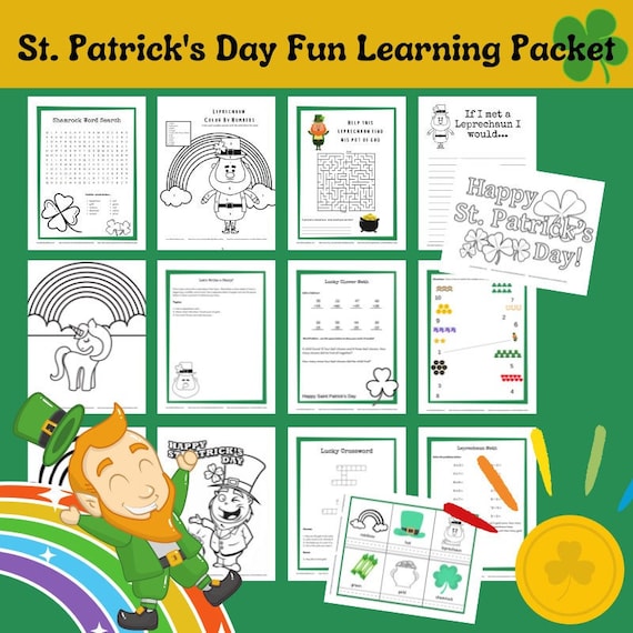 St patricks day educational printable coloring pages with math and writing