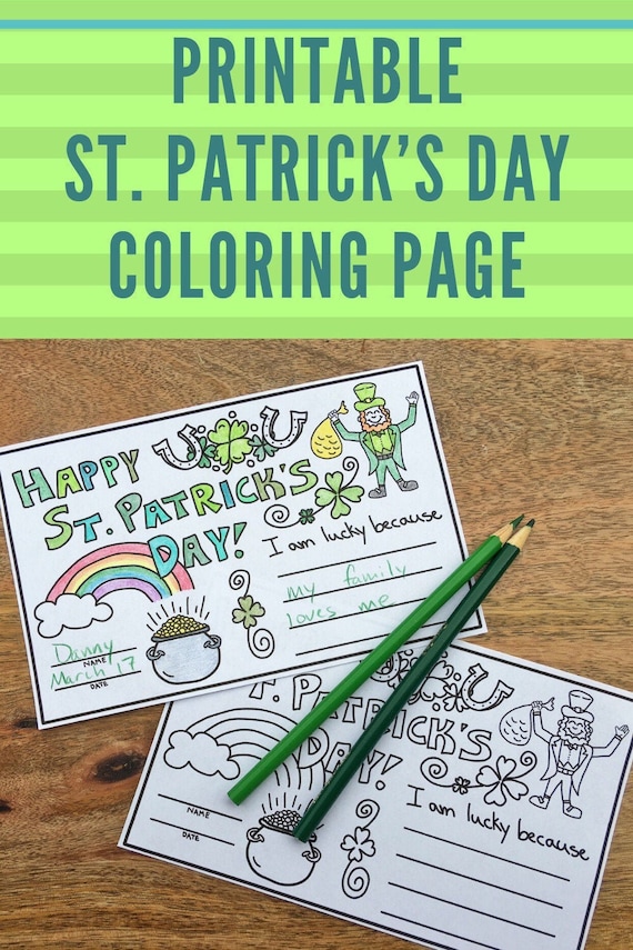 Saint patricks day coloring page activity printable download kids printouts i am lucky because shamrock leprechaun pot of gold