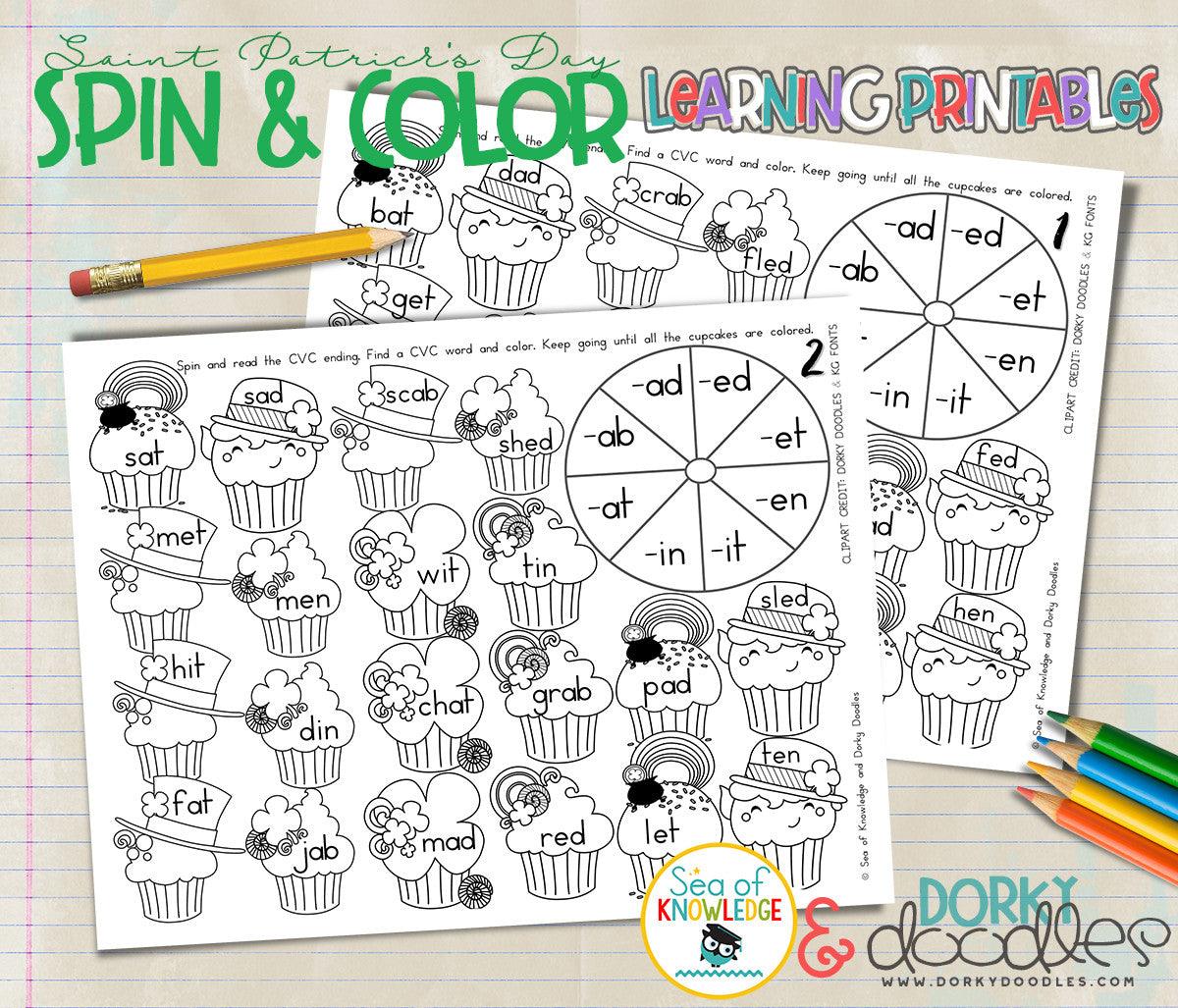 St patricks day cvc word spinner worksheets â dorky doodles
