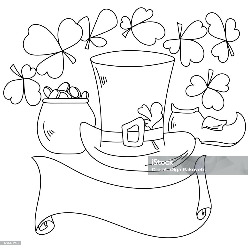 Coloring page for st patricks day clover shoe hat and pot of gold as symbols of the holiday frame in the form of a roll of paper stock illustration