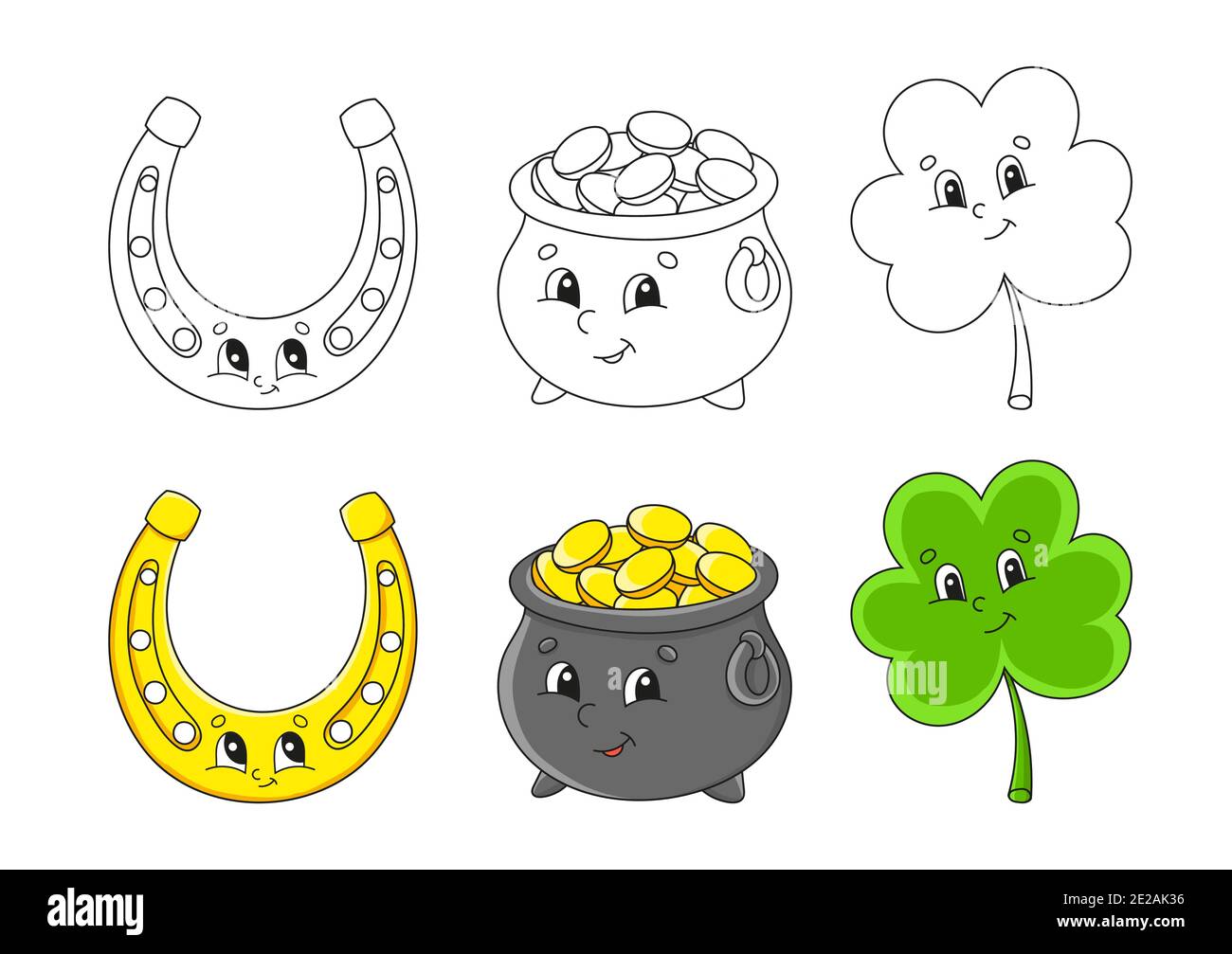 Set coloring page for kids st patricks day pot of gold cute cartoon characters clover shamrock golden horseshoe black stroke vector illustrat stock vector image art