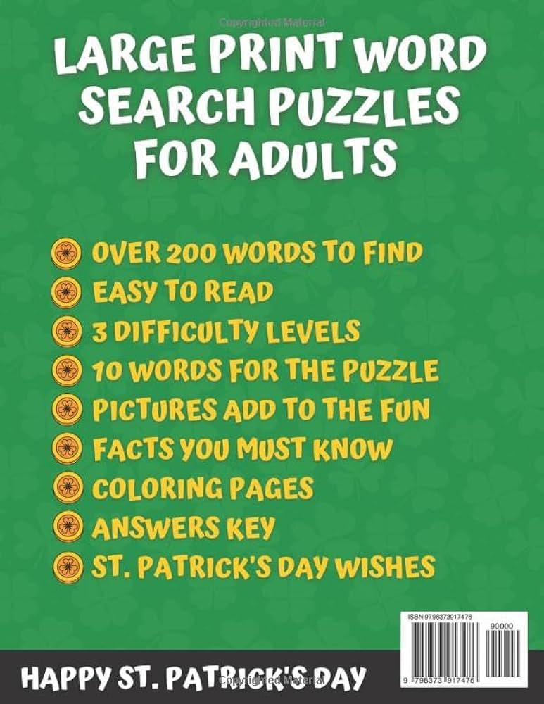 St patricks day word search for adults holiday seasonal word search puzzle book with solutions happy st patricks day word find puzzle activity difficulty levels bonus