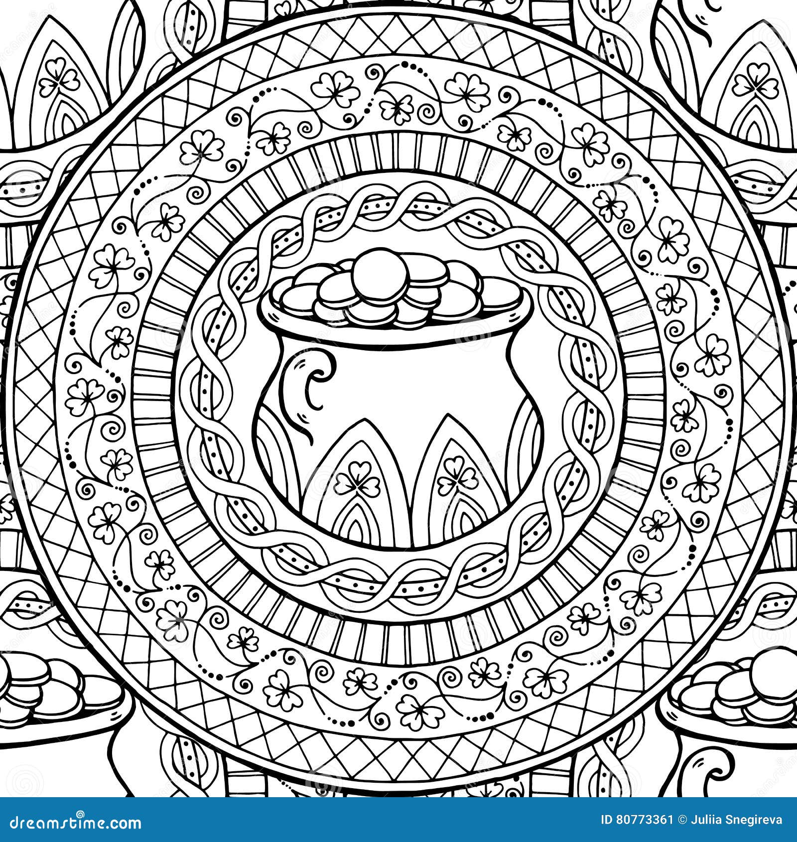 Saint patricks day theme mandala with irish pot golden coins with clover stock vector