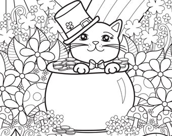 Instant download coloring page st patricks day kitty cat inspired doodle art printable instant download