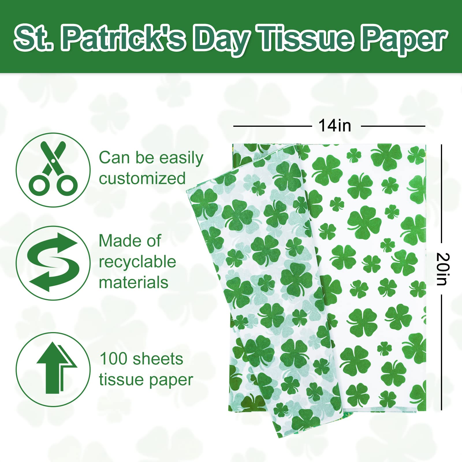 Whaline st patricks day tissue paper watercolor shamrock wrapping paper green clover gift wrapping paper art paper for home diy gift bags party favor decor x inch sheet