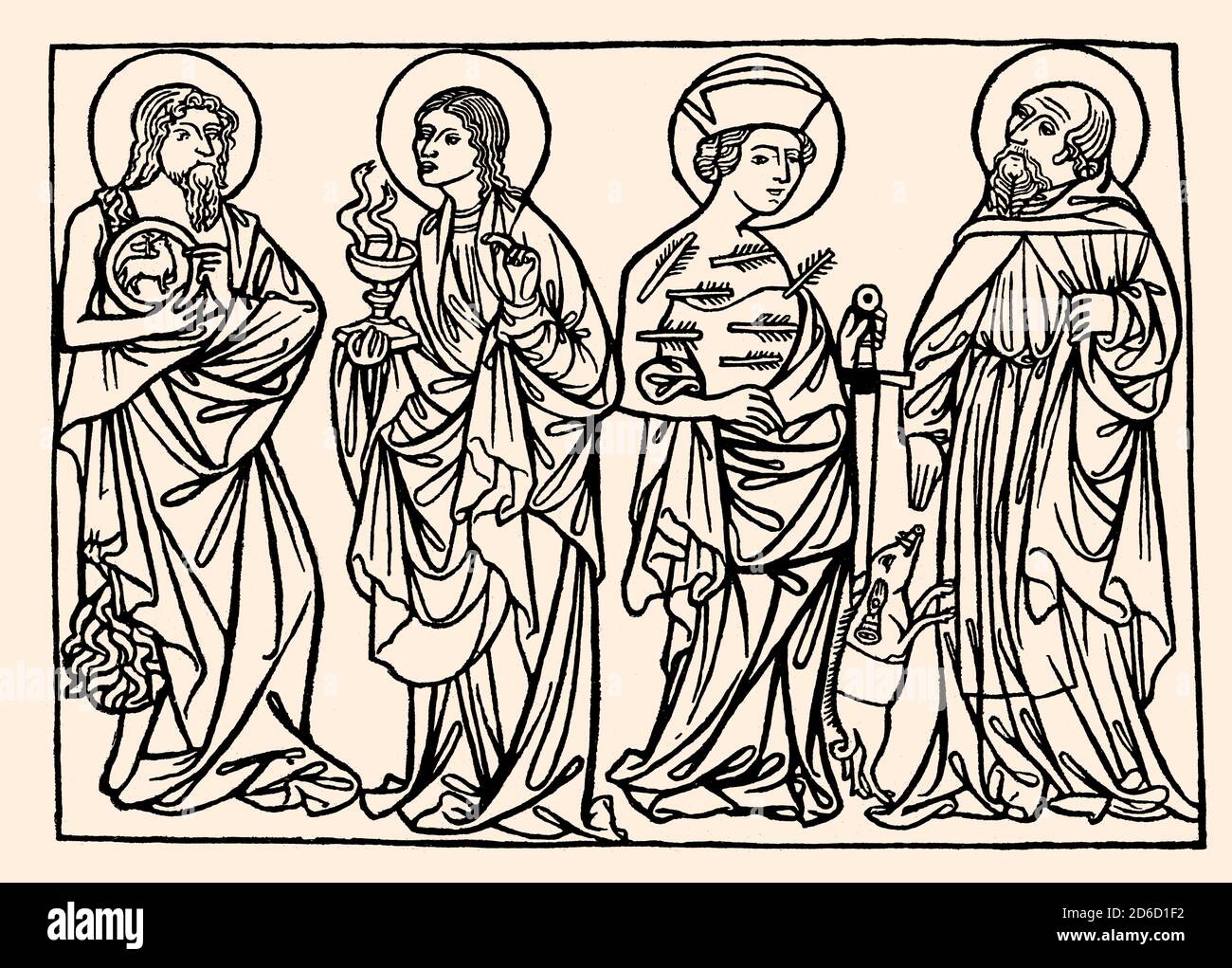 Saint sebastian john the evangelist antony the great wood engraving stock photo