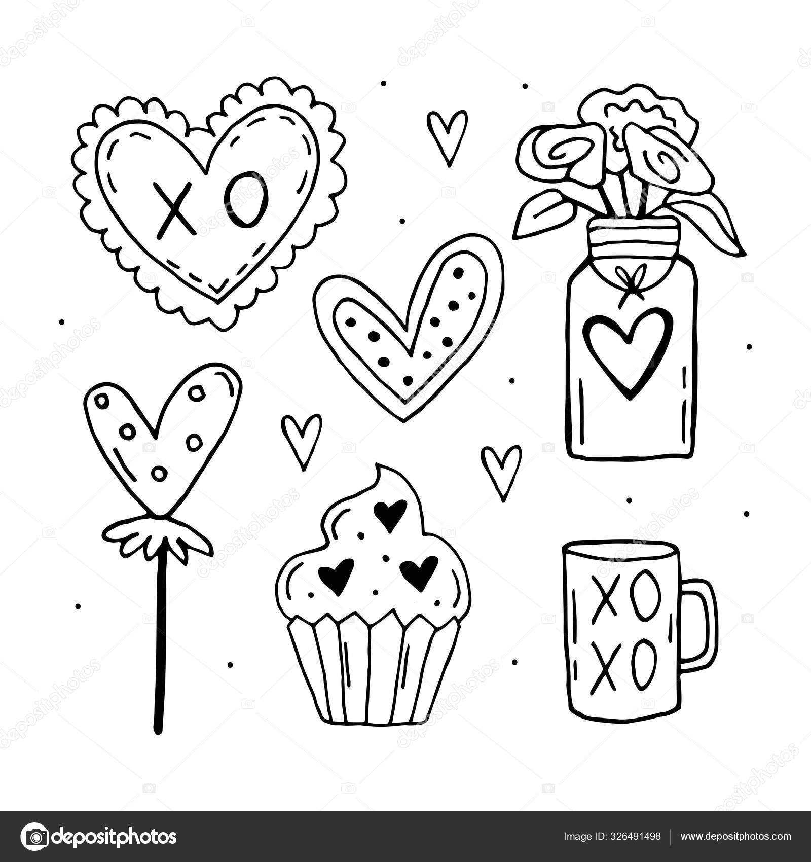 Stvalentines day set of elements clipart stickers coloring page stock vector by foxbiz