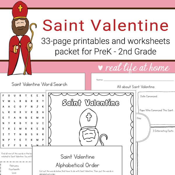 Saint valentine printables and worksheet packet for kids