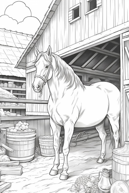 Premium photo coloring pages for adults horse in barn with barrels and barrels generative ai