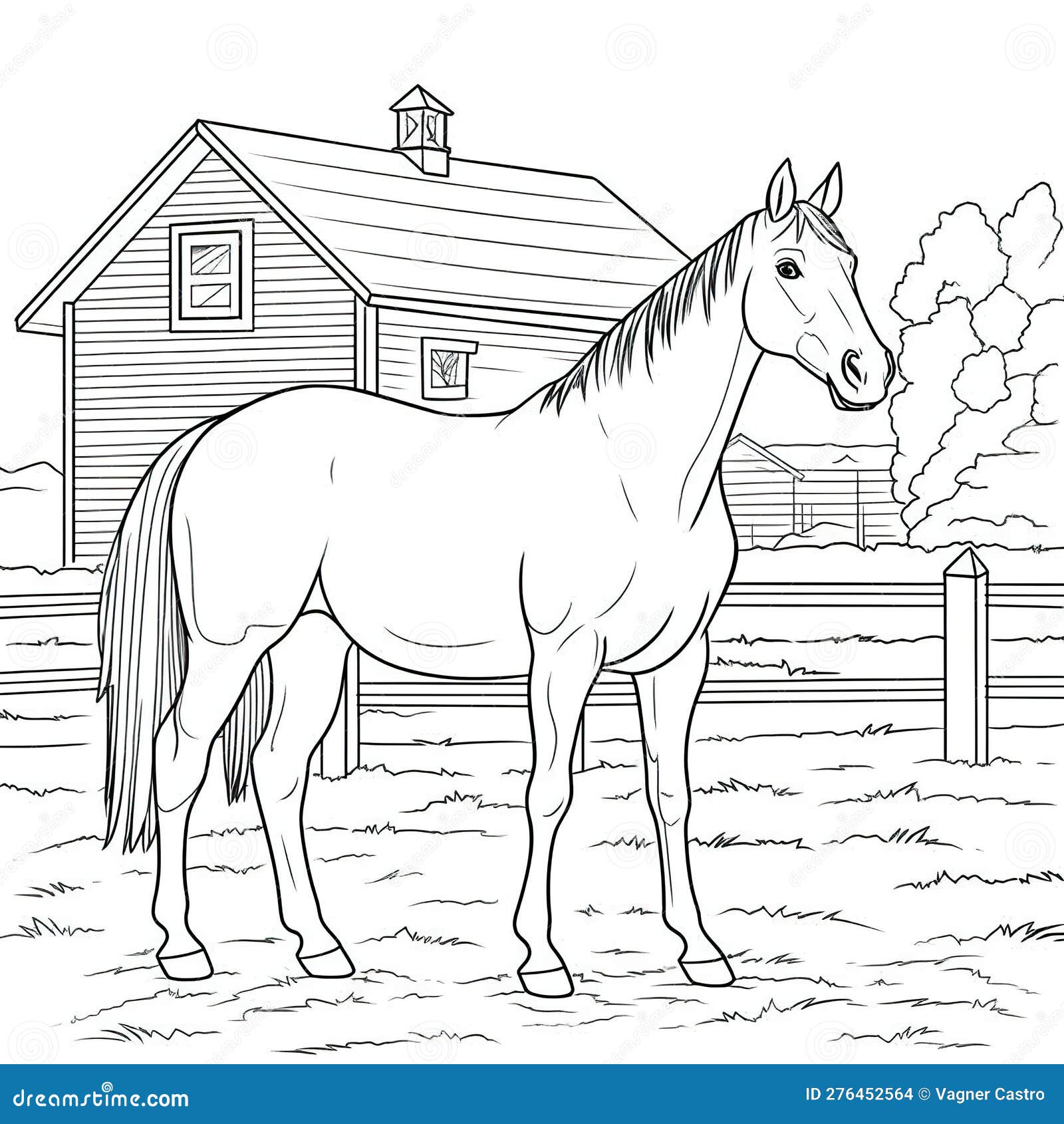 Kids coloring page of a horse in the farm that is blank and downloadable for them to plete stock illustration