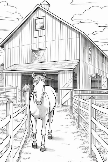 Premium photo coloring pages for kids horse in front of barn generative ai