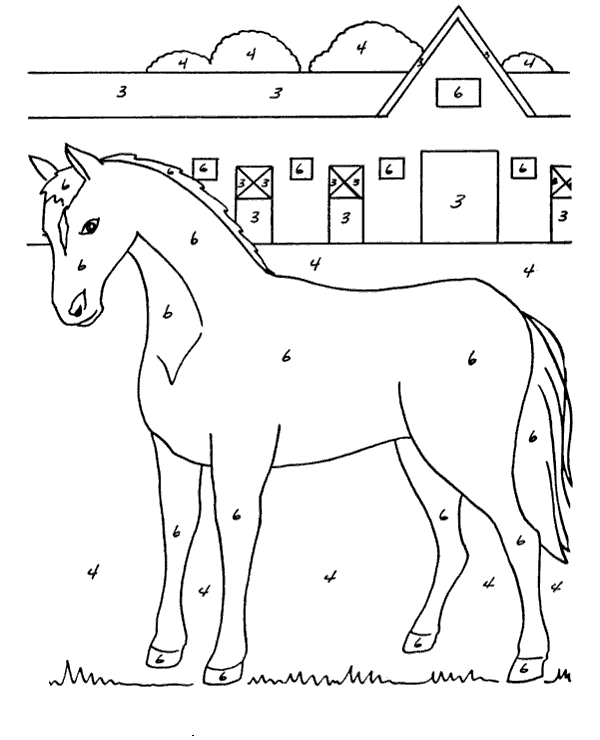 Drawing by numbers of a horse near a stable coloring page
