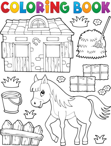Coloring book horse and related objects stock illustration