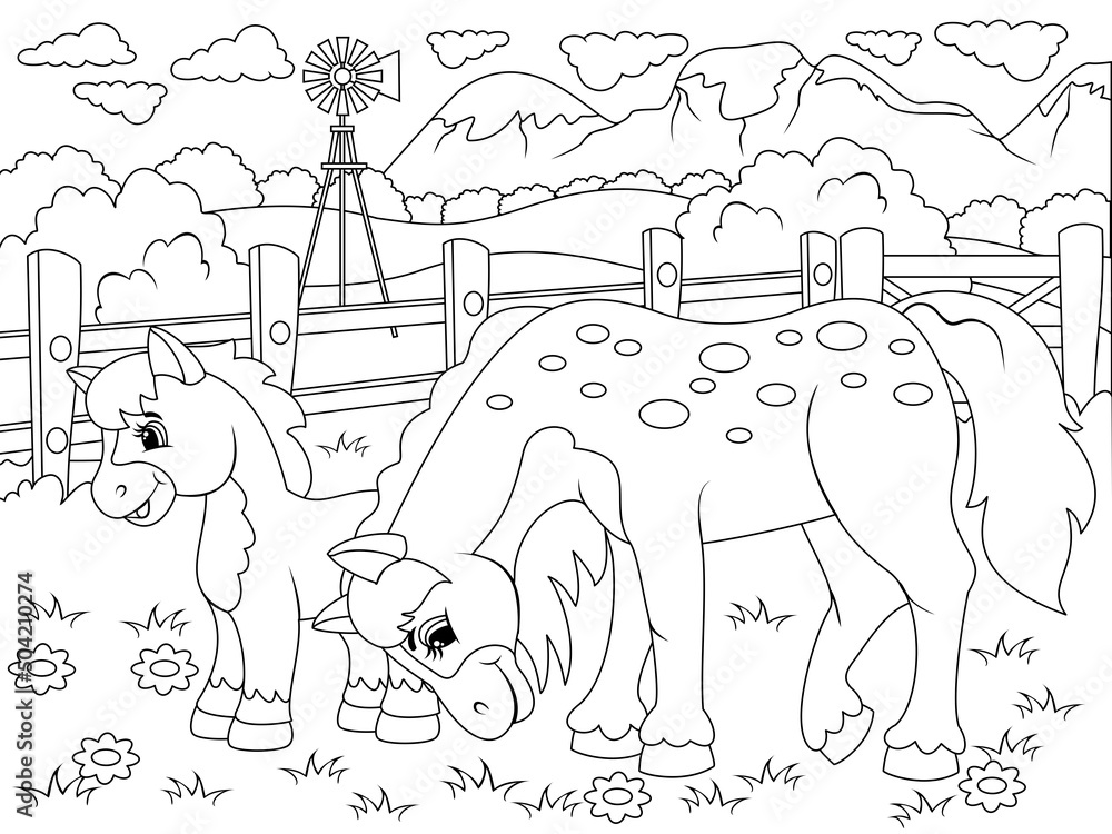 Stable two horses graze in the agricultural yard farm vector page for printable children coloring book vector