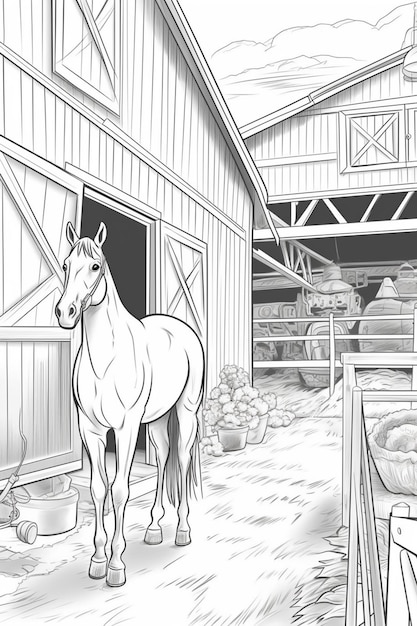 Premium photo coloring pages of a horse in a barn with a barn in the background generative ai