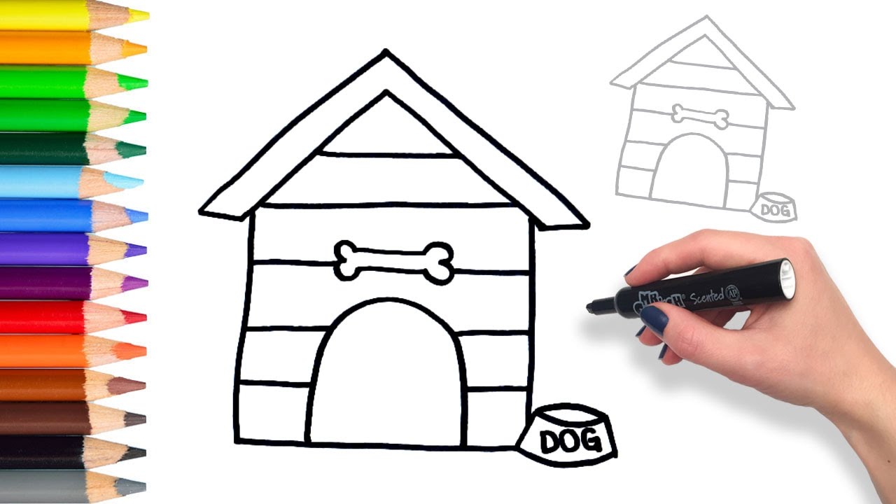 Learn how to draw dog house teach drawing for kids and toddlers coloring page video