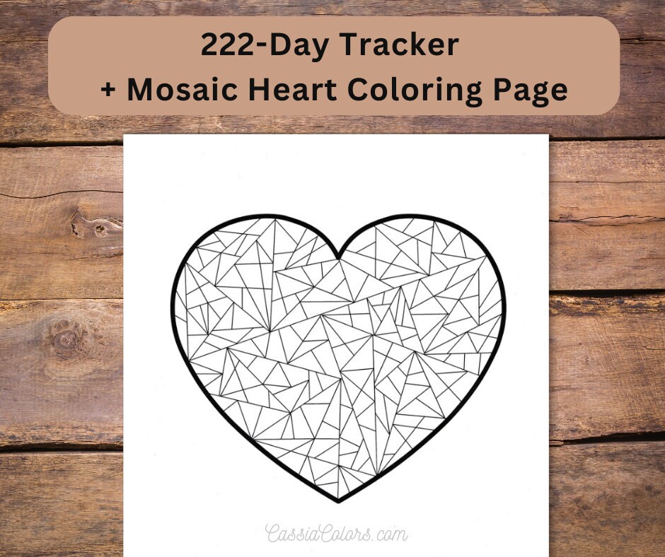 Day tracker mosaic heart coloring page angel number habit tracker mood tracker challenge tracker day goal instant download