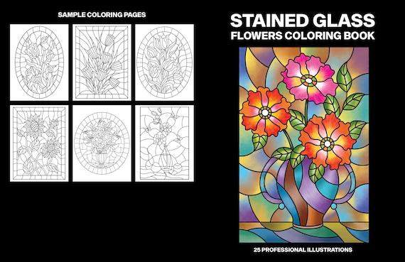 Printable flower stained glass coloring pages floral coloring sheets adult coloring book coloring activities floral color pages download now