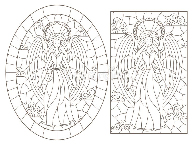 Contour set with illustrations of stained glass windows with angels on a cloudy sky background dark contours on a white backgrou stock vector