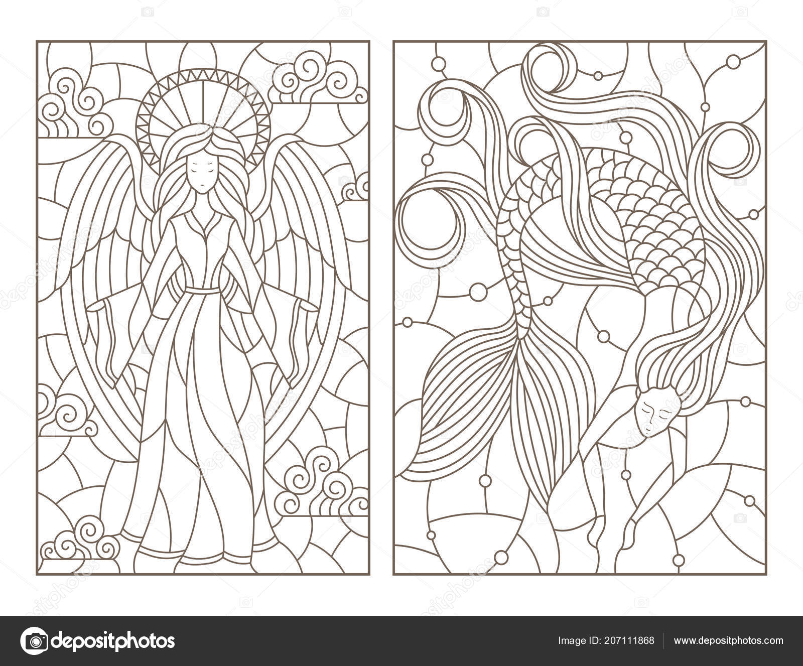 Set contour illustrations stained glass windows girl angel mermaid dark stock vector by zagory
