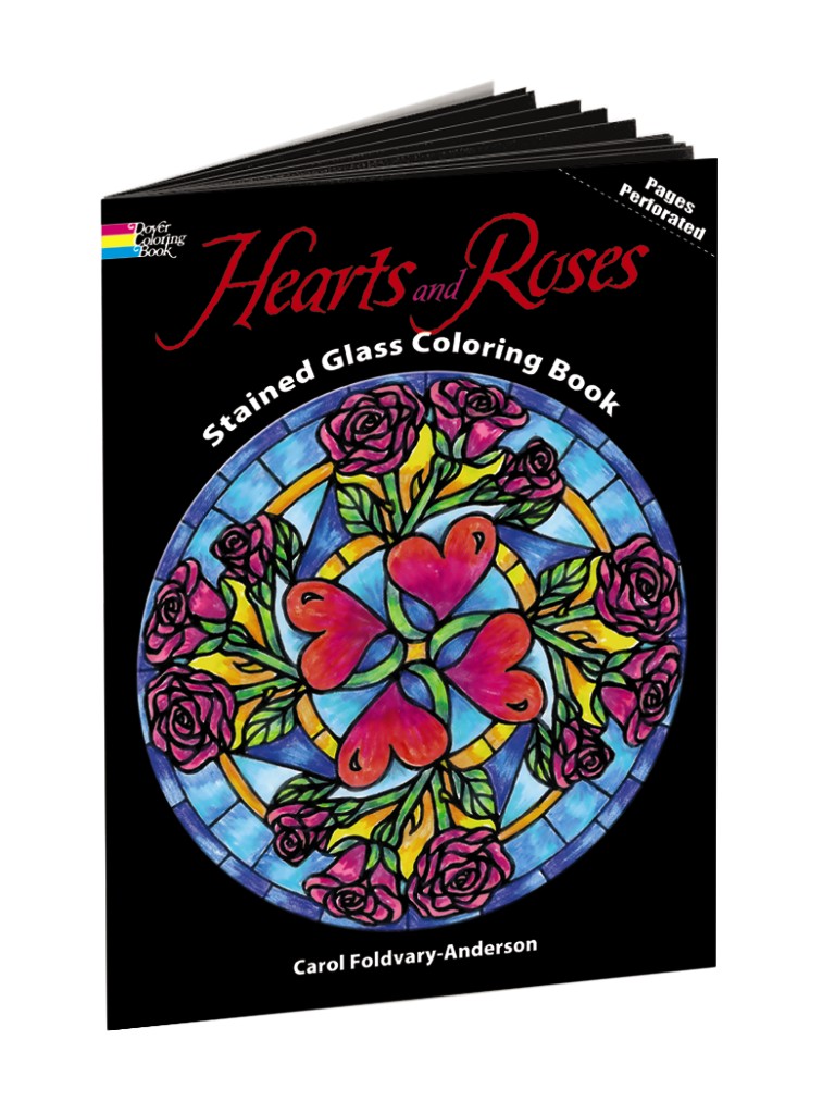 Coloring book stained glass hearts and roses