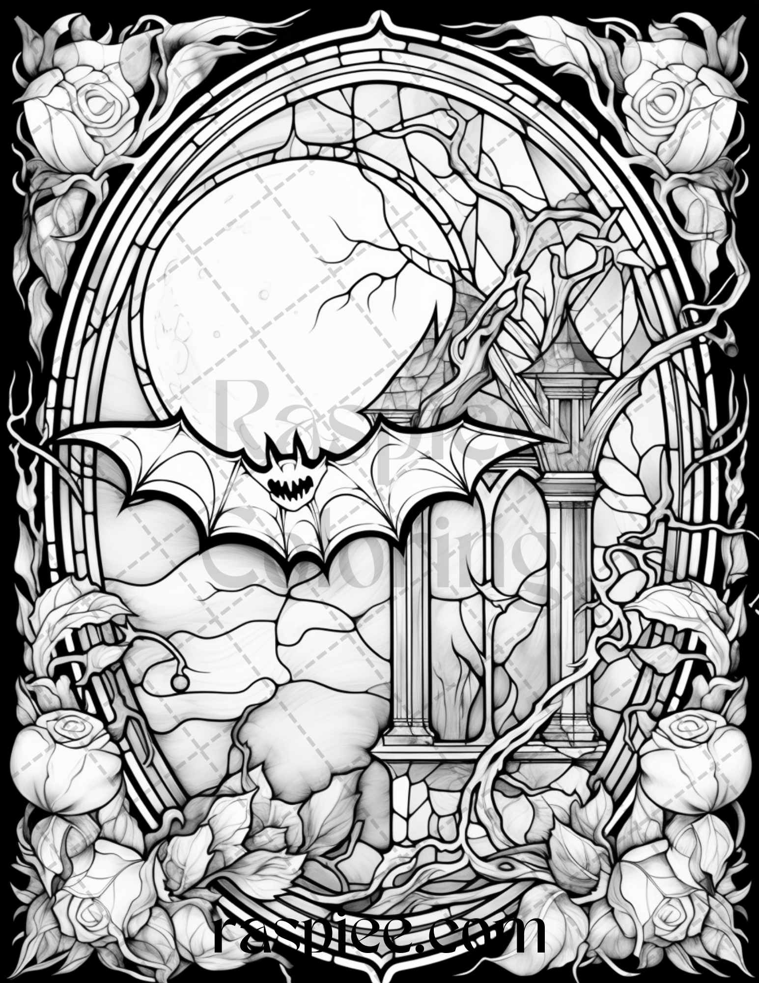 Halloween stained glass grayscale coloring pages printable for adul â coloring