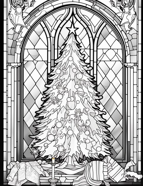 Premium ai image a black and white drawing of a christmas tree in a stained glass window generative ai