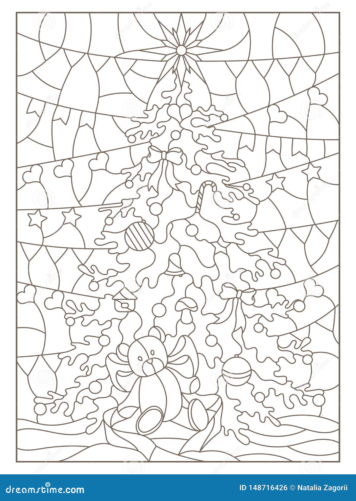Contour set with illustration of a stained glass window with a christmas tree and a toy bear dark outlines on white background stock vector