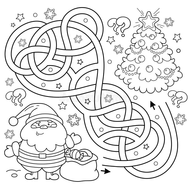 Maze or labyrinth game puzzle tangled road coloring page outline of santa claus with gifts bag and christmas tree new year stock vector
