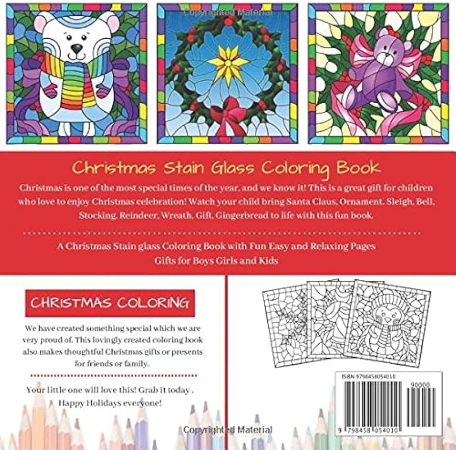 Christmas stained glass loring book fun loring activities with santa claus reindeer snowmen and many more mcy felicia books
