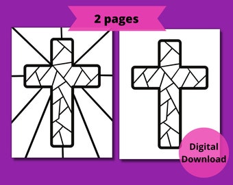 Stain glass cross coloring printable lent easter christian catholic sunday school homeschool set of printables