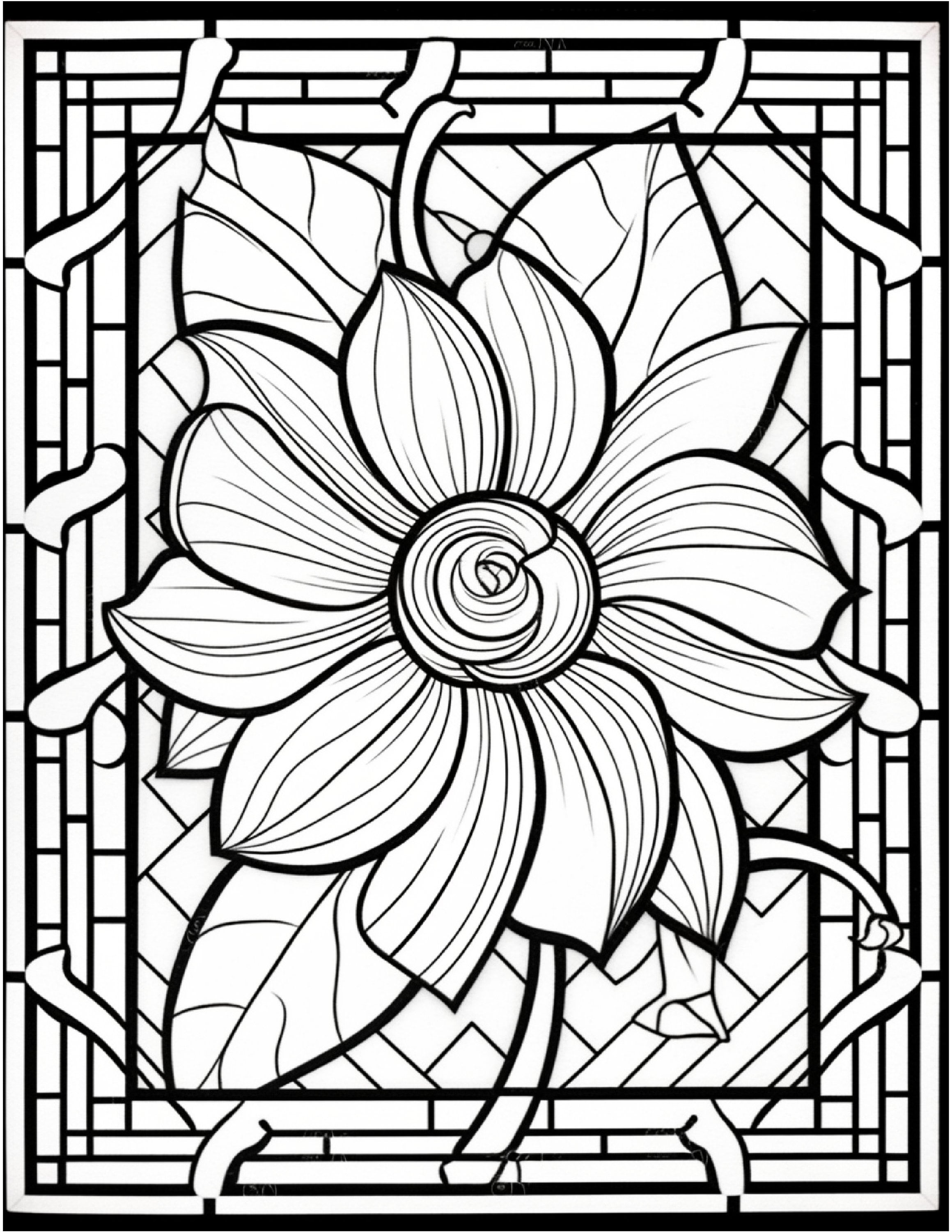 Digital stained glass flower coloring pages for adults designs instant download