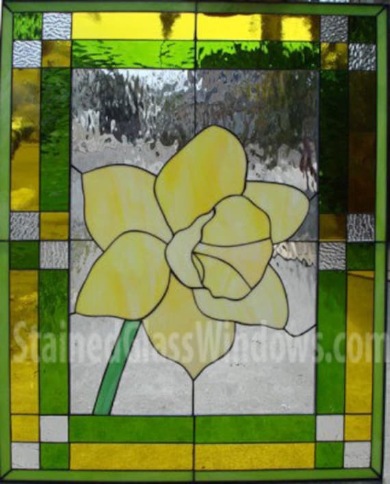 Daffodil stained glass window panel hangings beautiful flower stained glass art yellow flower glass art decor customizable item