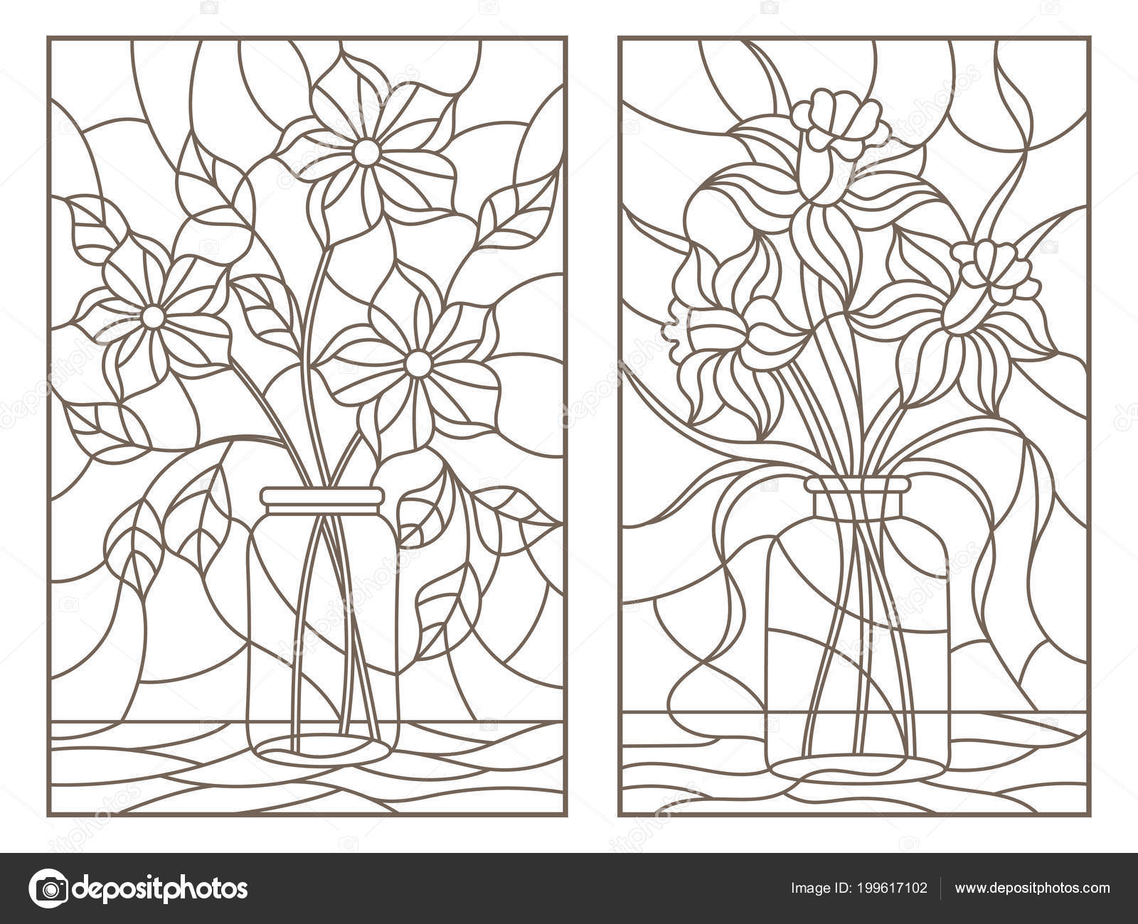Set contour illustrations stained glass windows still lifes bouquets flowers stock vector by zagory