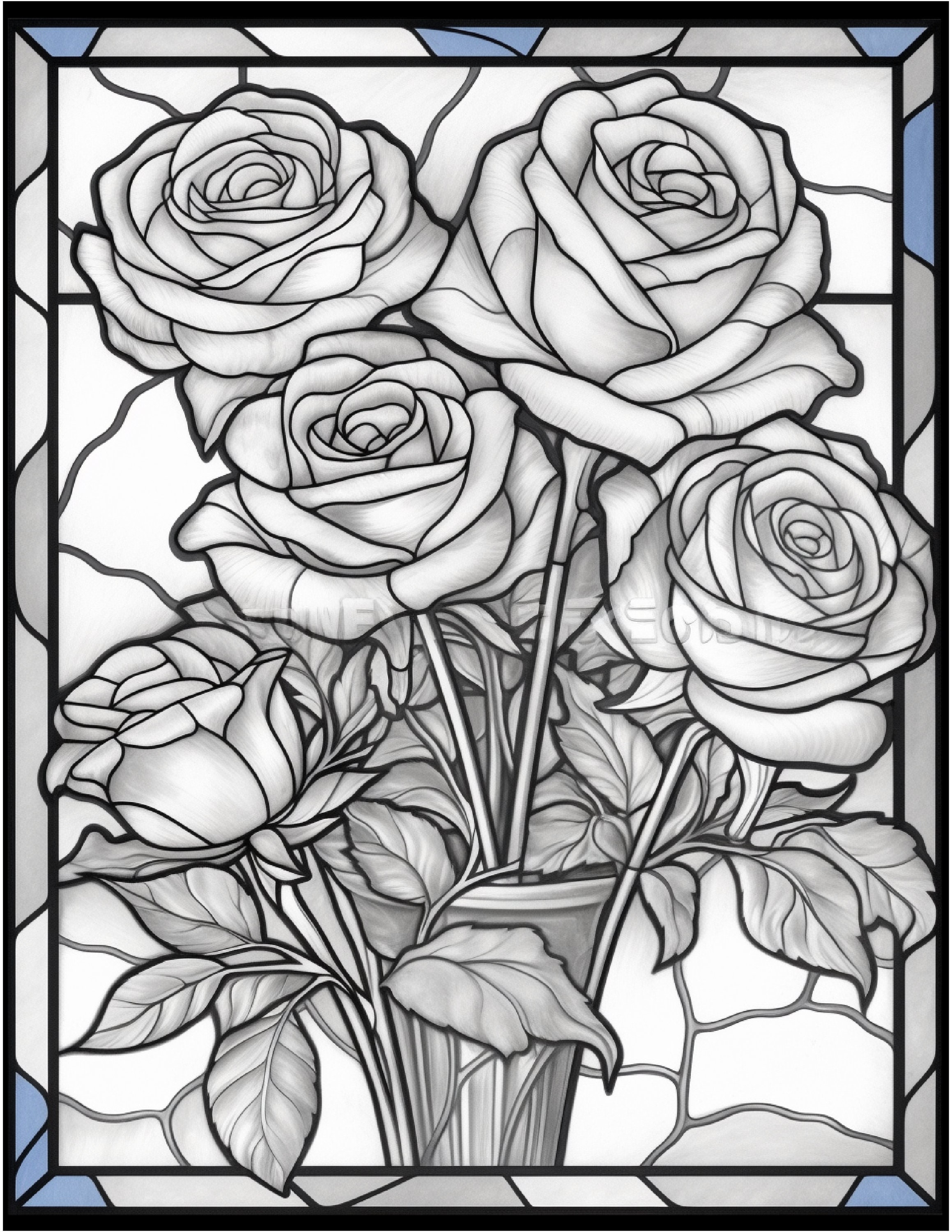 Digital stained glass flower coloring pages for adults designs instant download