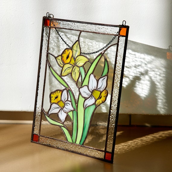 Daffodil stained glass panel flower white and yellow flower window hanging stained glass pattern glass painting plant love