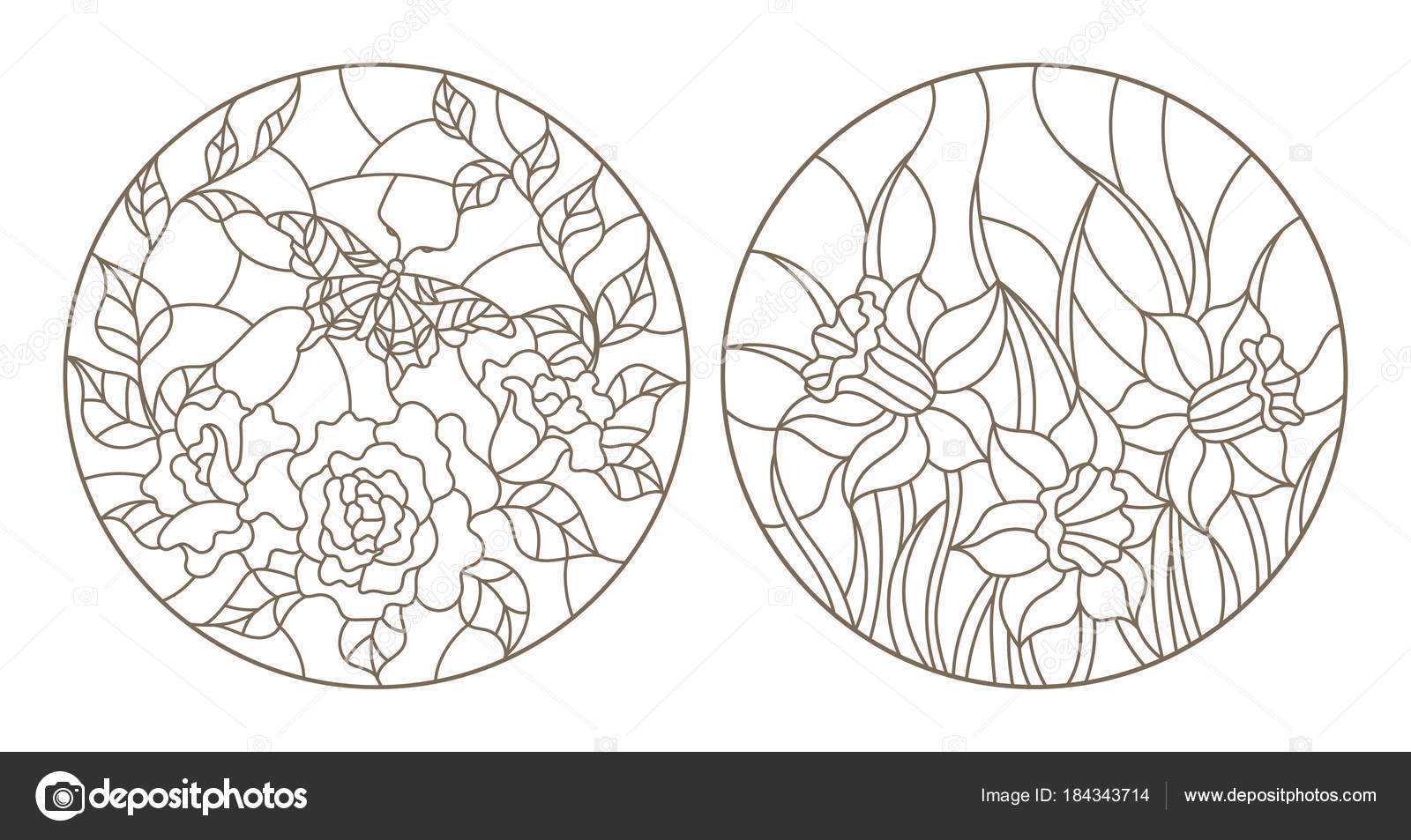 Set of contour stained glass illustrations roses with butterfly and daffodils circular images dark outlines on white background stock vector by zagory