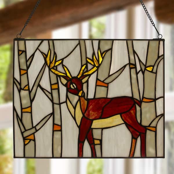 River of goods woodland deer brown and amber stained glass window panel