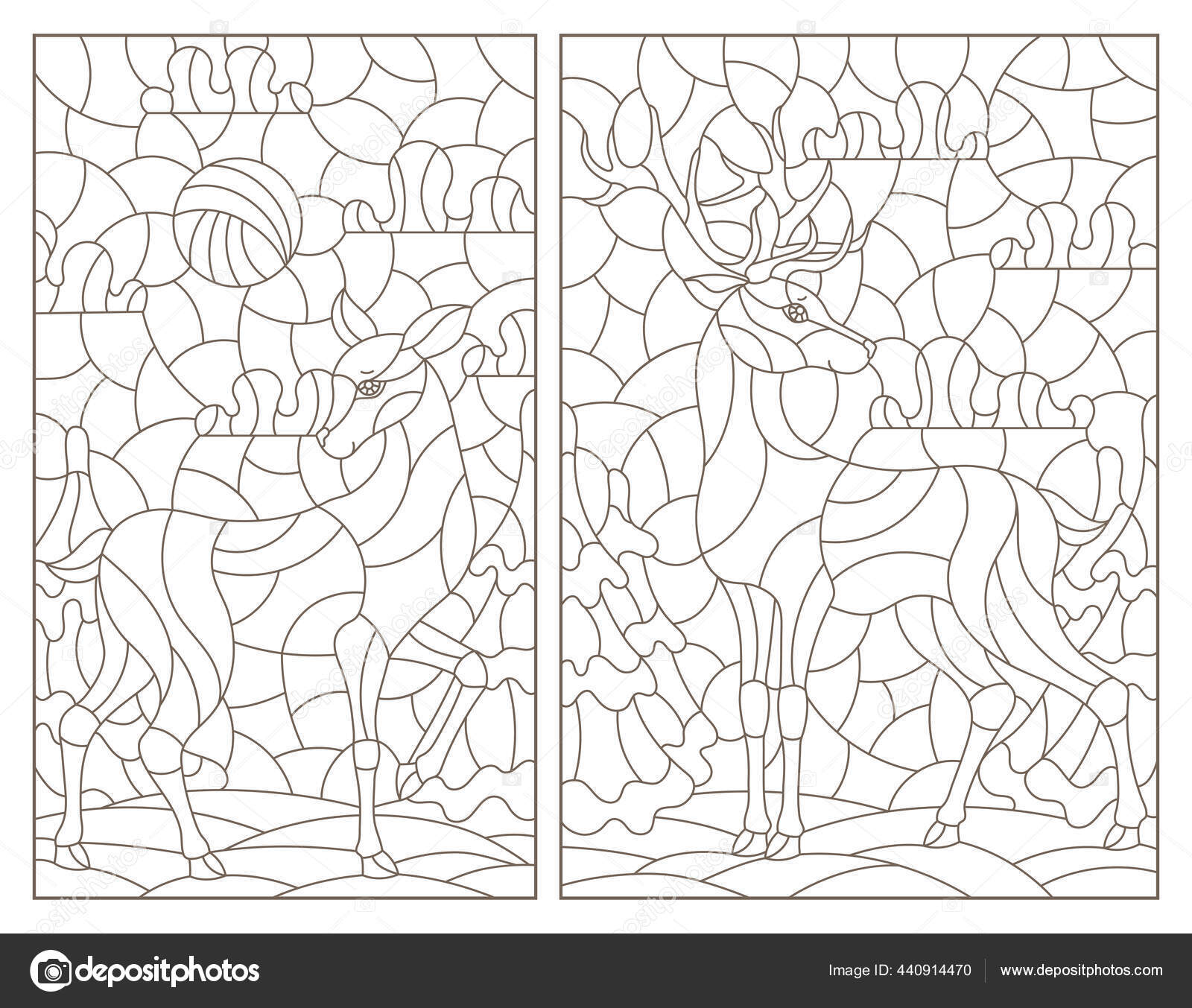 Set contour illustrations stained glass style deer landscape background dark stock vector by zagory