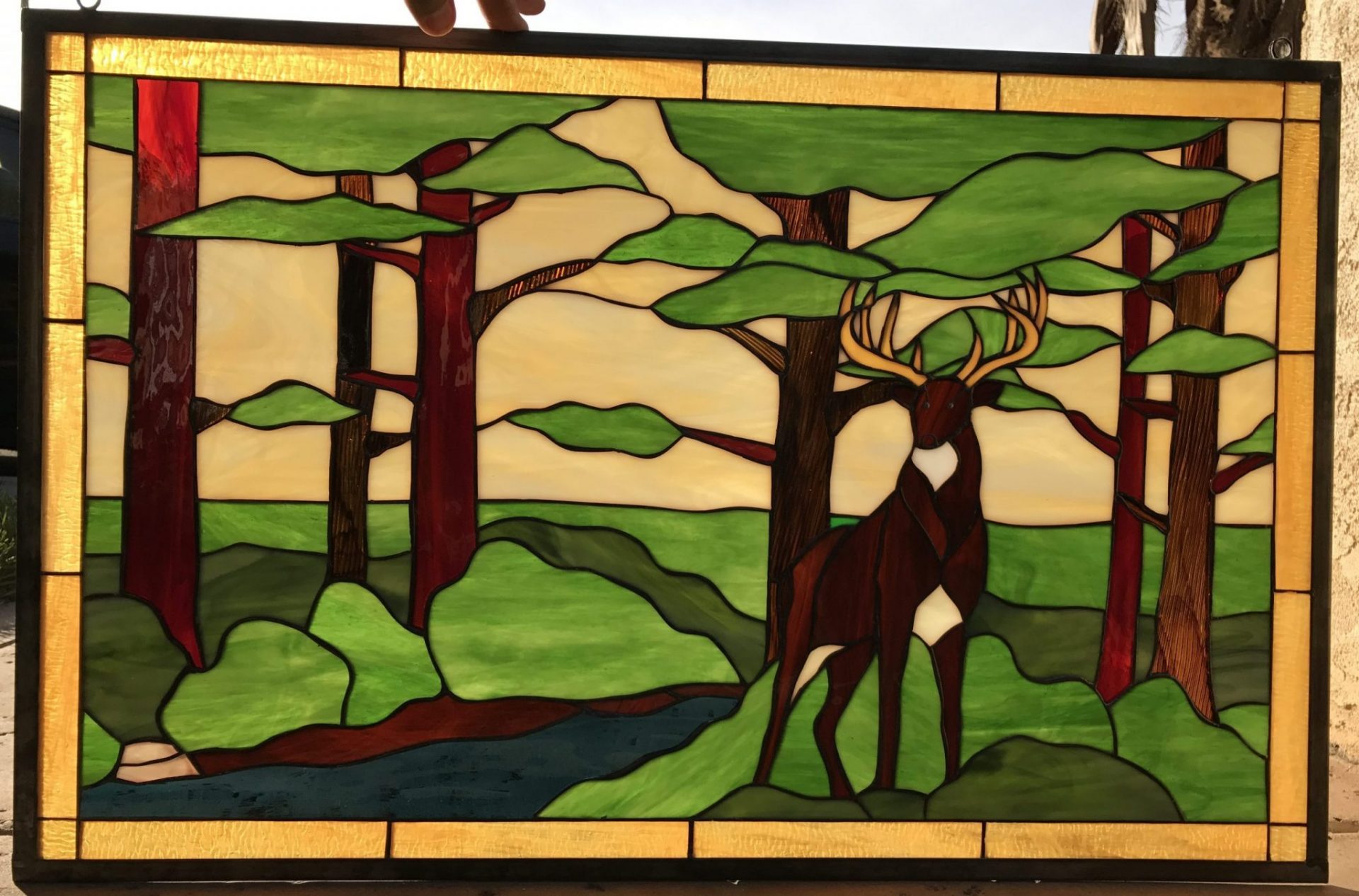Deerbuck in forest leaded stained glass window panel