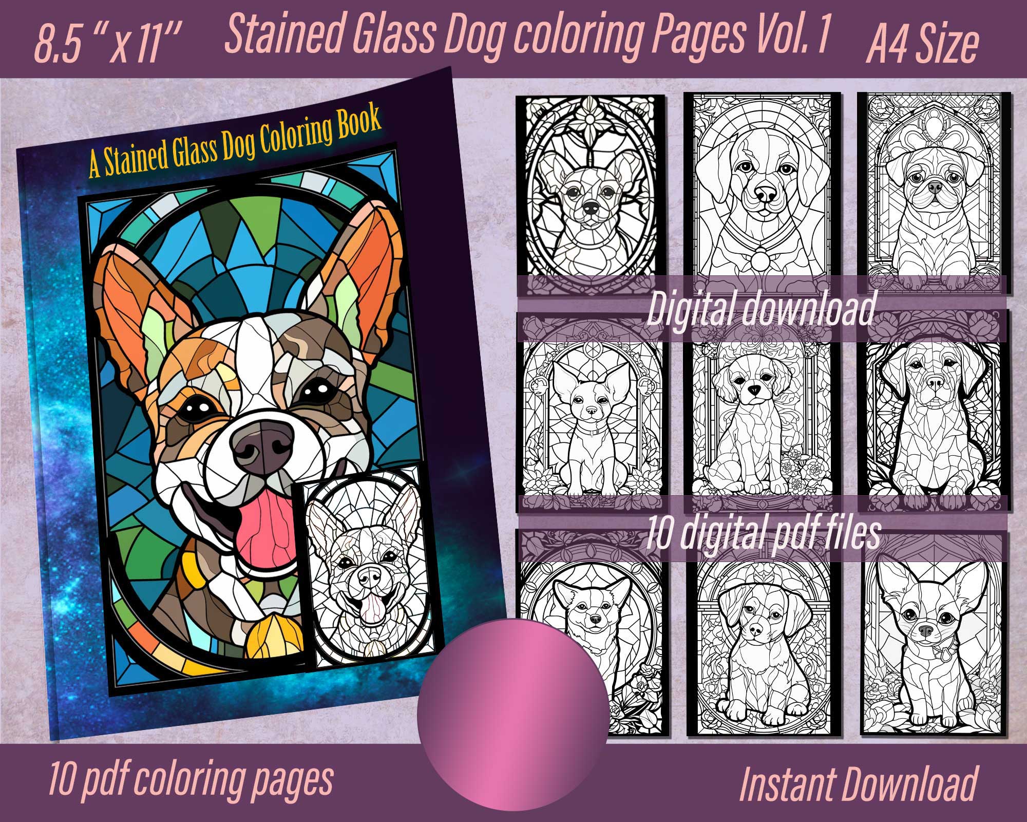 Stained glass dog coloring pages vol digital pdf file