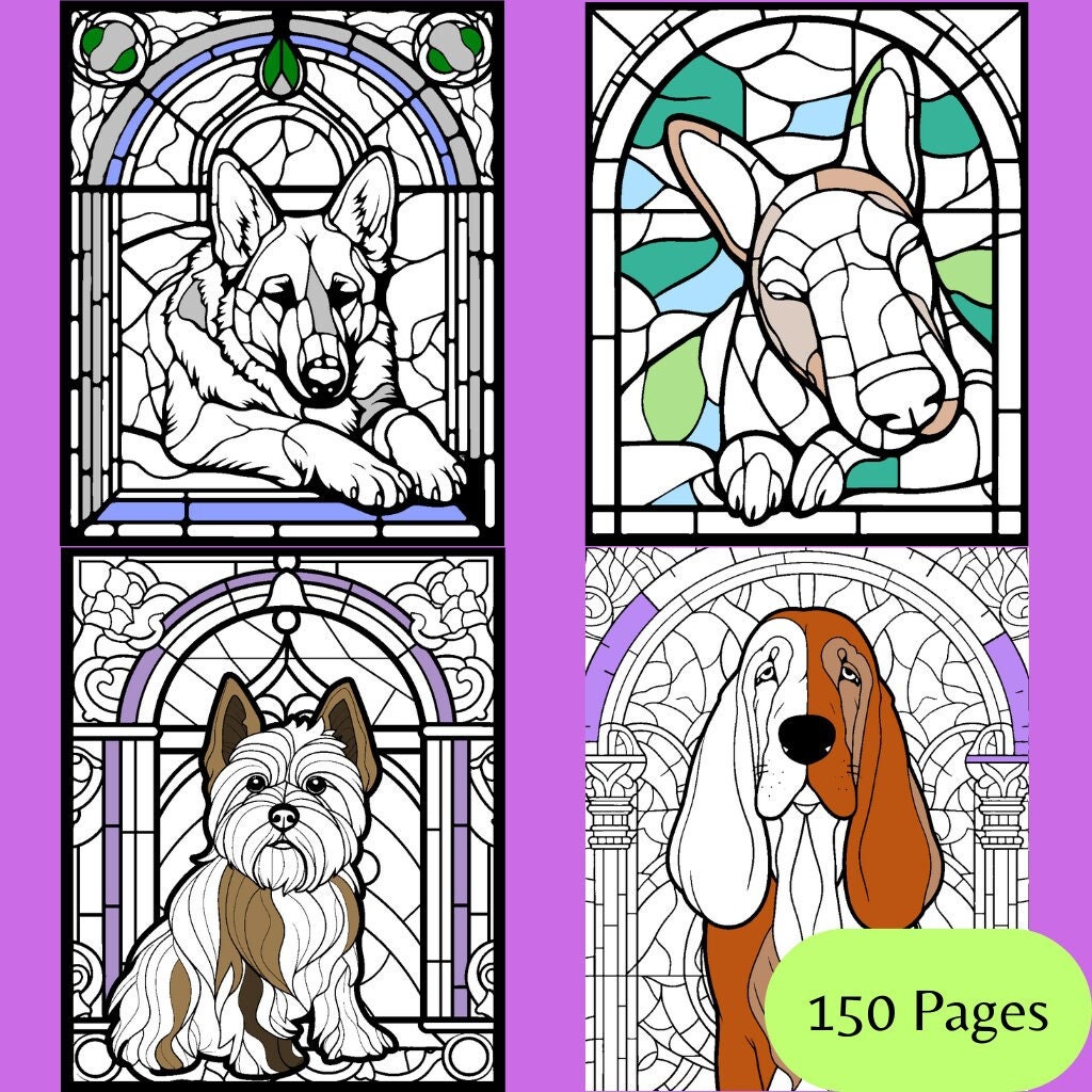 Dogs stained glass window coloring page bundle pages bulldogs retrievers shepherds terriers hunters dachshunds and many more instant download