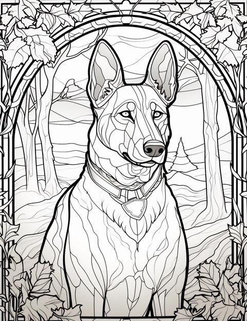 Premium ai image a coloring page of a dog sitting in a stained glass window generative ai