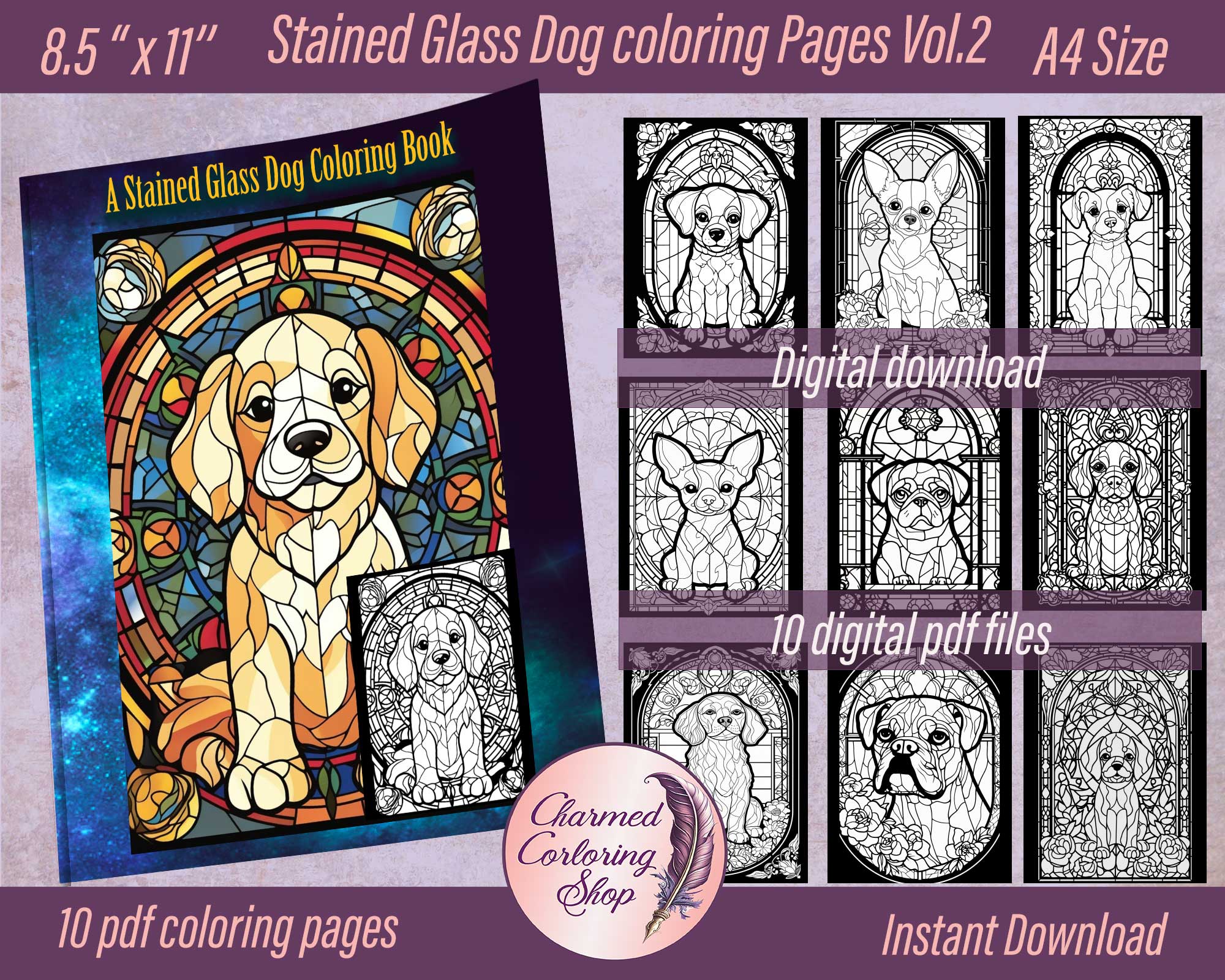 Stained glass dog coloring pages vol digital pdf files instant download â perfect for a coloring experience at home or on the go â