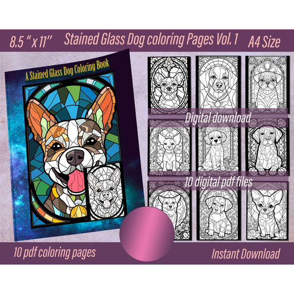 Stained glass dog coloring pages vol digital pdf file