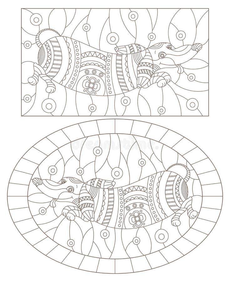 Contour set with illustrations of stained glass windows with abstract dachshund dogs dark outlines on a white background stock vector