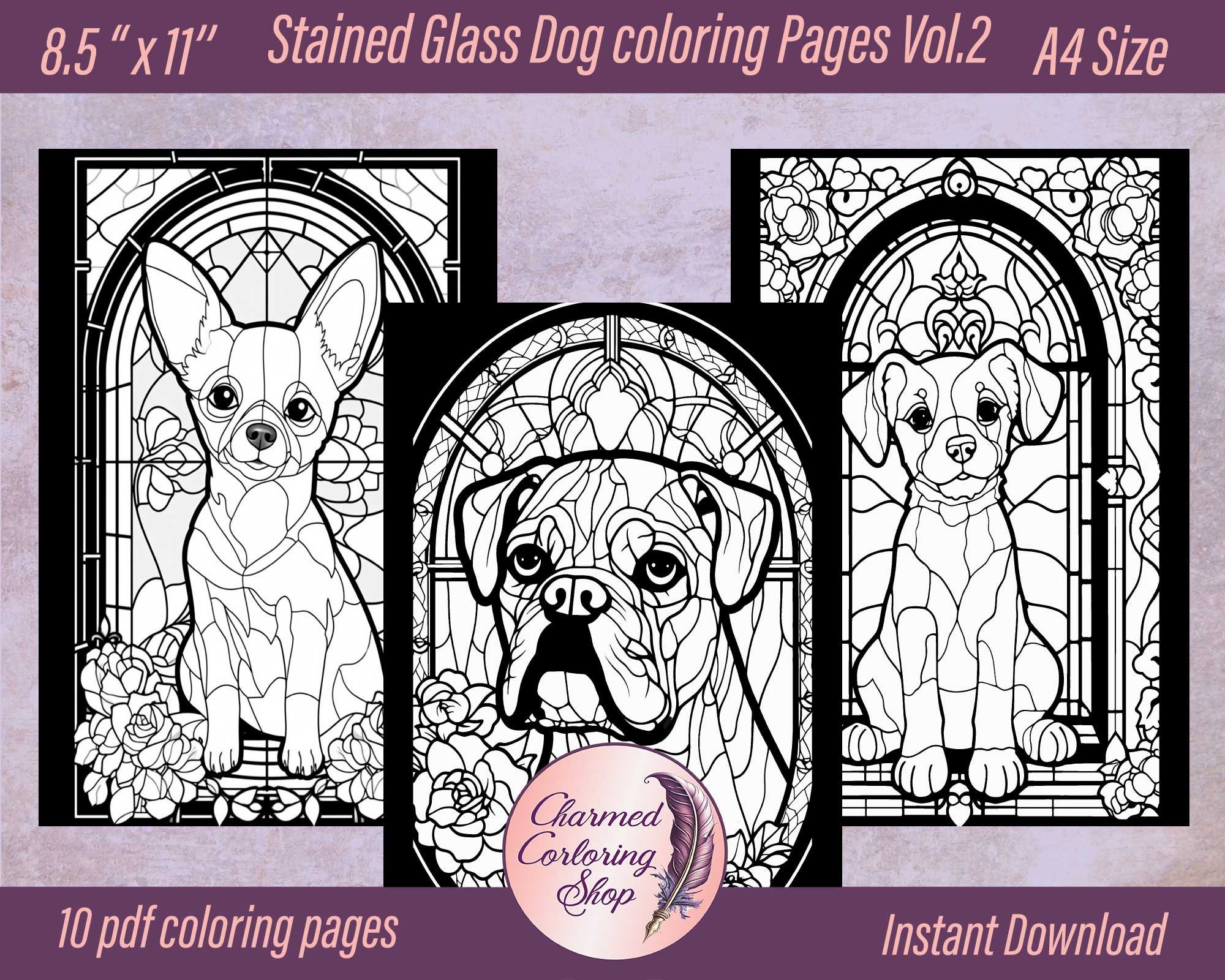 Dogs stained glass style coloring pages vol digital pdf files instant download perfect for a coloring experience at home