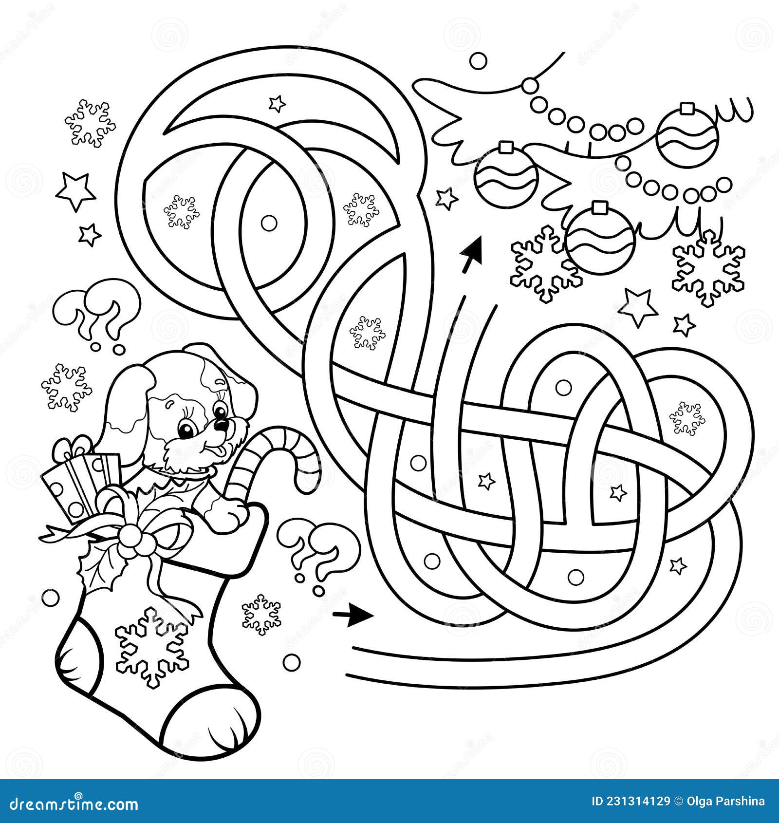 Maze or labyrinth game puzzle tangled road coloring page outline of christmas boot or sock with gifts and dog christmas stock vector